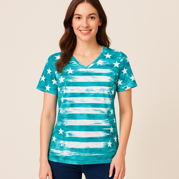 Teal Star Stripe Tee – Denim & Co. – Size Small - Picture 1 of 5